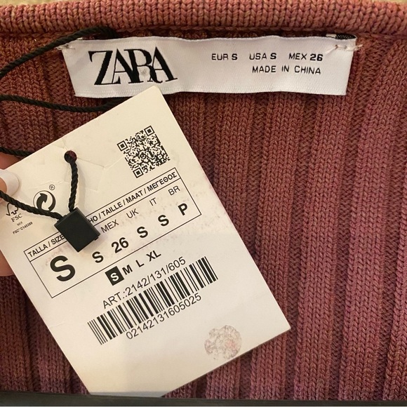 NWT~ZARA Ribbed Knit Cropped Cardigan Tie Front in Dusty Rose Size Small - Picture 5 of 6